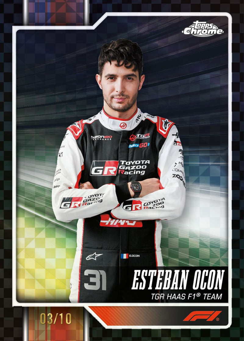 2026 Topps Chrome Formula 1 Esteban Ocon numbered Checker Flag parallel example; chase card not guaranteed