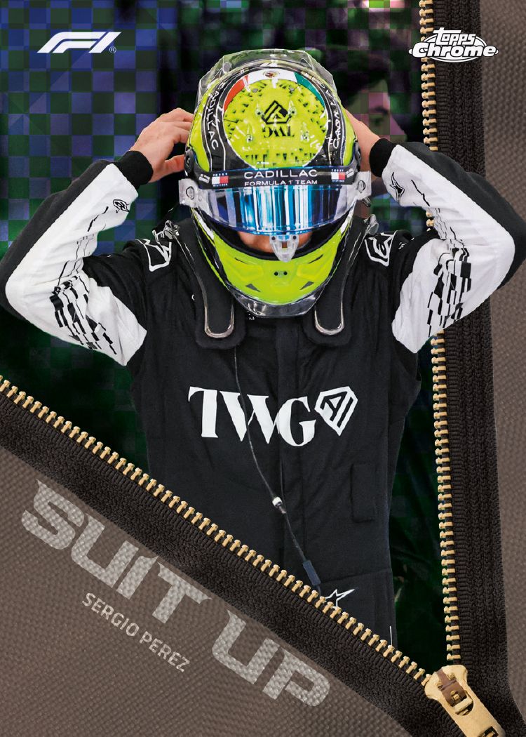 2026 Topps Chrome Formula 1 Sergio Perez Suit Up retail-exclusive insert example; specific card not guaranteed