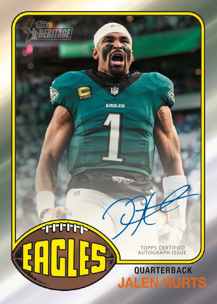 2026 Topps Heritage Football Jalen Hurts autograph card example; autograph not guaranteed