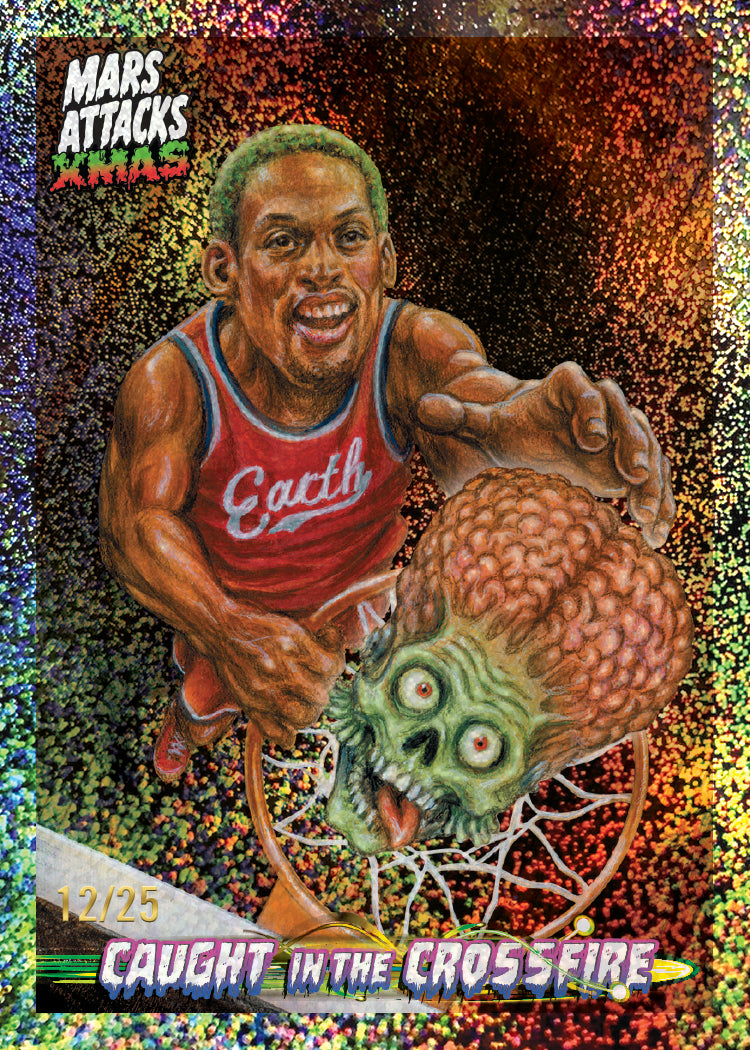 2026 Topps Mars Attacks Christmas Caught in the Crossfire basketball sample card, numbered 12/25