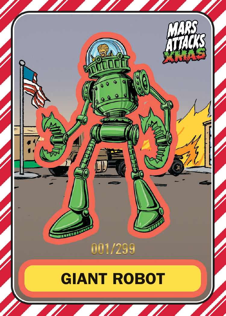 2026 Topps Mars Attacks Christmas Giant Robot sample card with candy-cane border