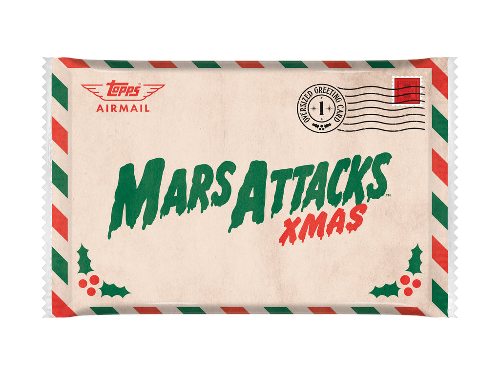 2026 Topps Mars Attacks Christmas Greeting Card box-topper pack with festive airmail envelope artwork