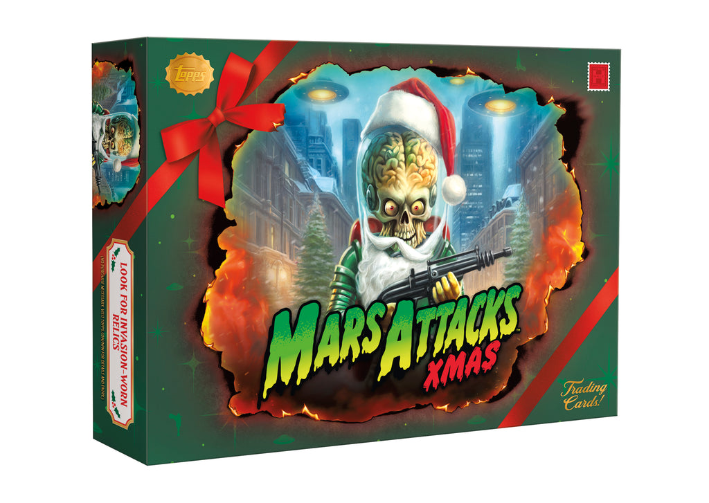 2026 Topps Mars Attacks Christmas Hobby Box with Santa Martian artwork and green gift-wrap packaging