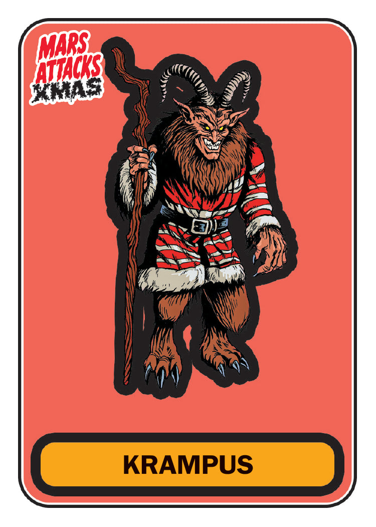 2026 Topps Mars Attacks Christmas Krampus sample card on a red background