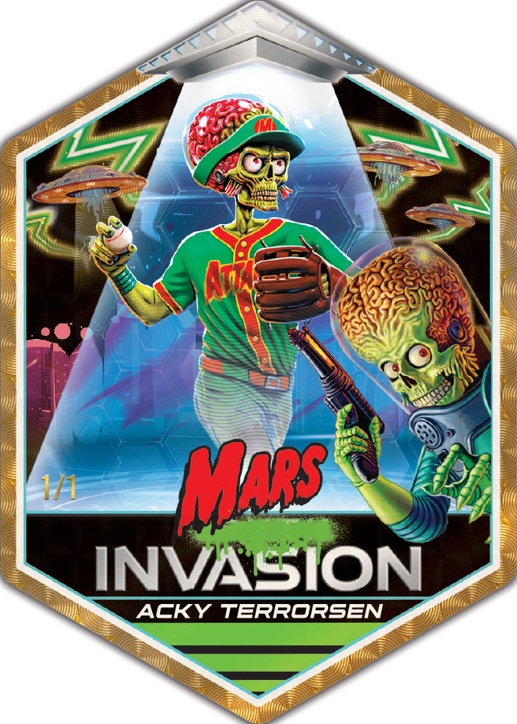 2026 Topps Mars Attacks Christmas Mars Invasion Acky Terrorsen die-cut sample card, numbered 1/1