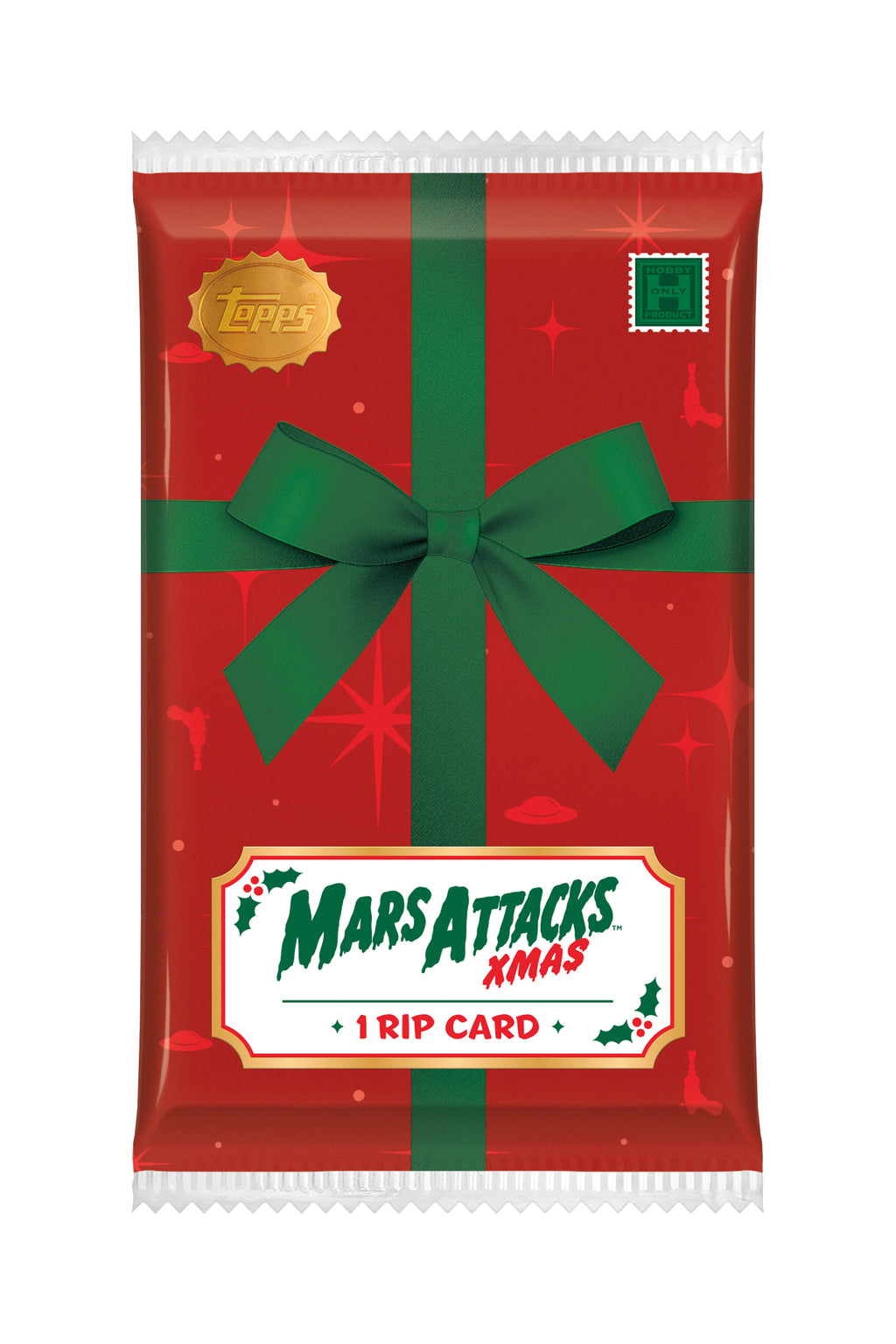2026 Topps Mars Attacks Christmas Present Rip Card box-topper pack with red gift-wrap design