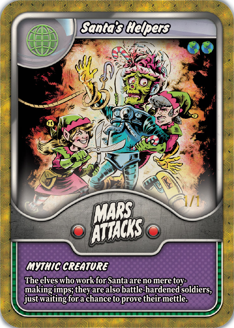 2026 Topps Mars Attacks Christmas Santa's Helpers sample card featuring armed alien elves
