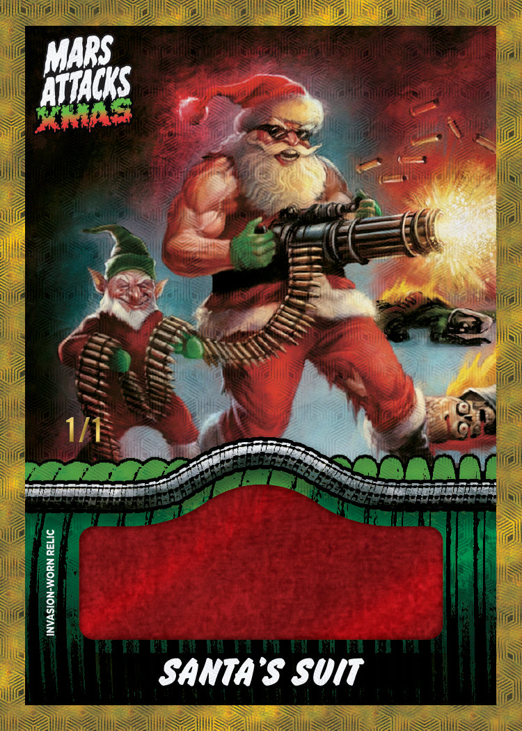 2026 Topps Mars Attacks Christmas Santa's Suit manufactured relic sample card, numbered 1/1