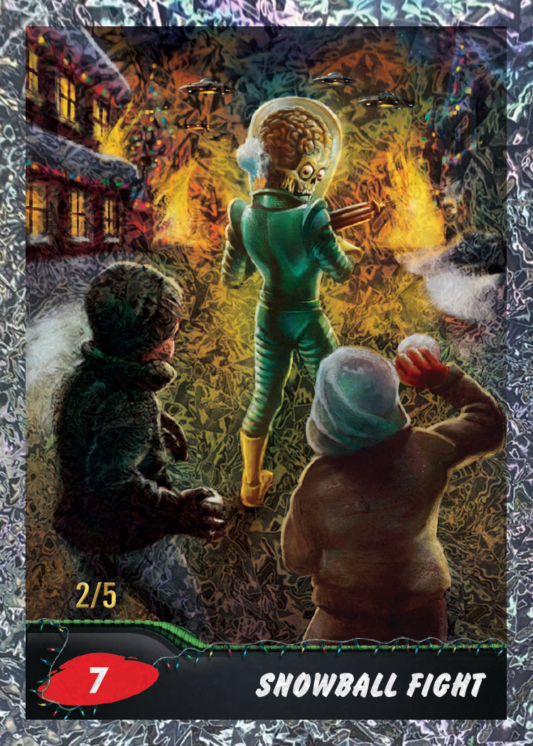 2026 Topps Mars Attacks Christmas Snowball Fight sample card, numbered 2/5