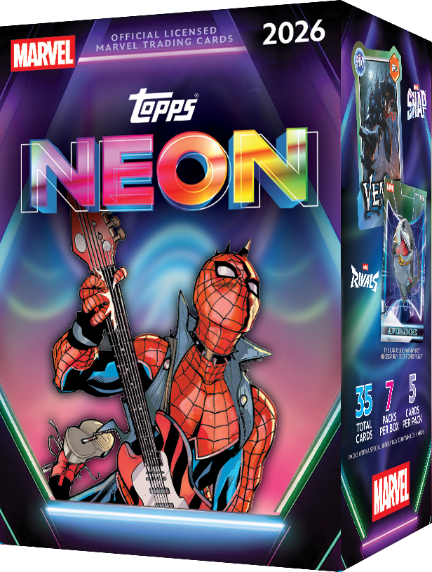 2026 Topps Neon Marvel Blaster Value Box with Spider-Punk artwork, containing 35 trading cards