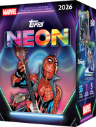 2026 Topps Neon Marvel Blaster Value Box with Spider-Punk artwork, containing 35 trading cards