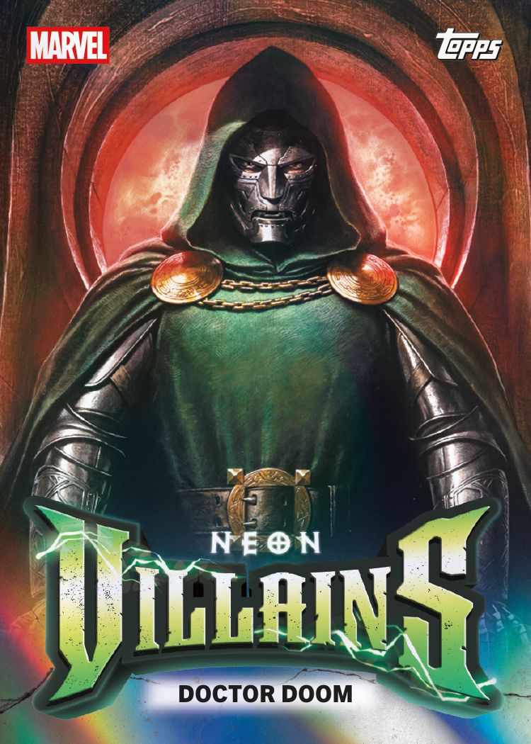 2026 Topps Neon Marvel Neon Villains insert sample featuring Doctor Doom