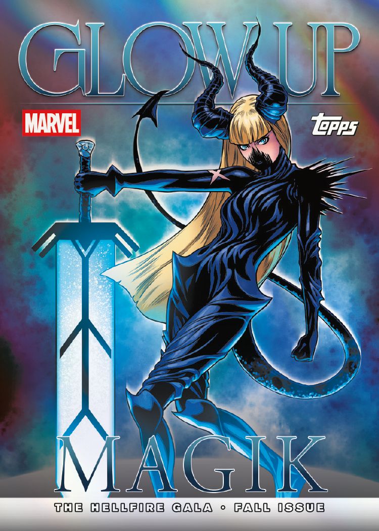 2026 Topps Neon Marvel Glow Up insert sample featuring Magik in Hellfire Gala fashion