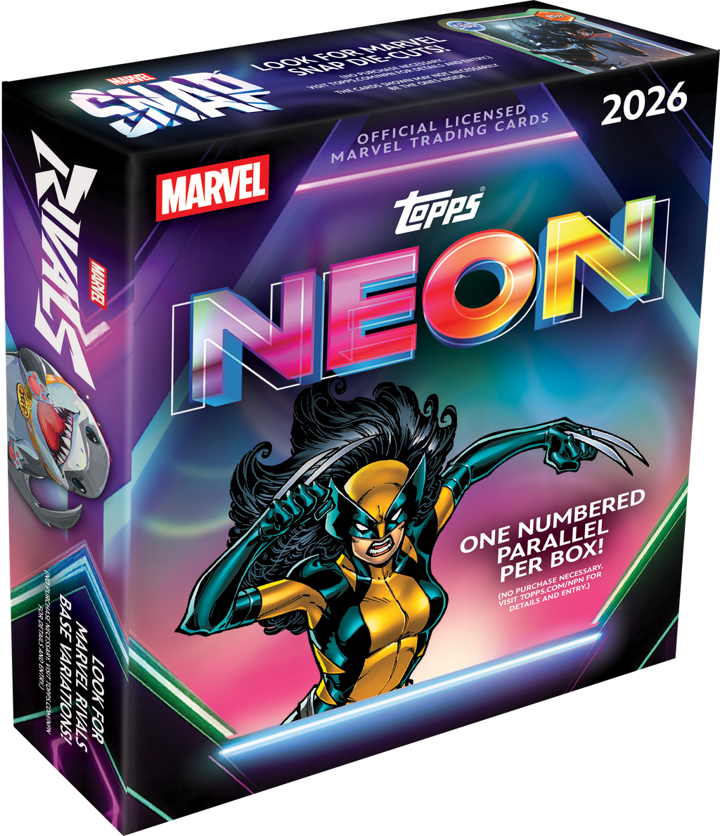 2026 Topps Neon Marvel Mega Box with X-23 artwork, containing 50 cards and one numbered parallel