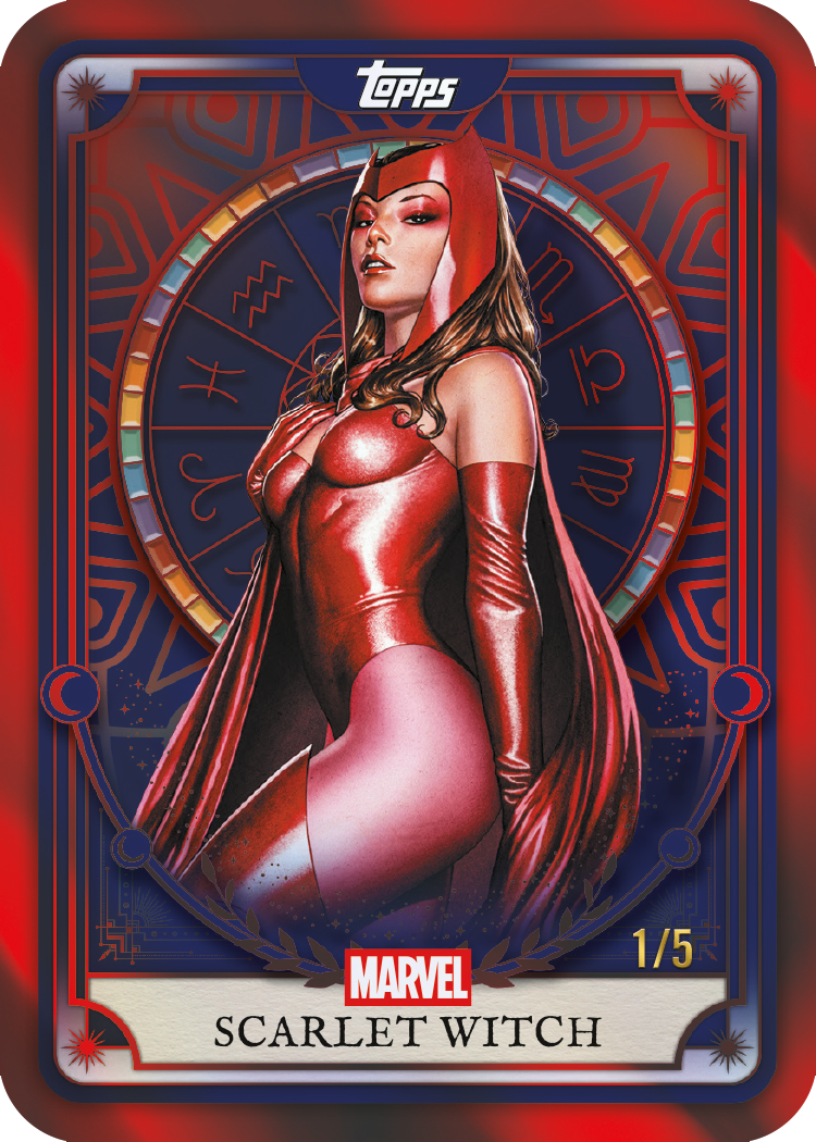 2026 Topps Neon Marvel Neon Tarots Scarlet Witch red parallel sample numbered 1 of 5