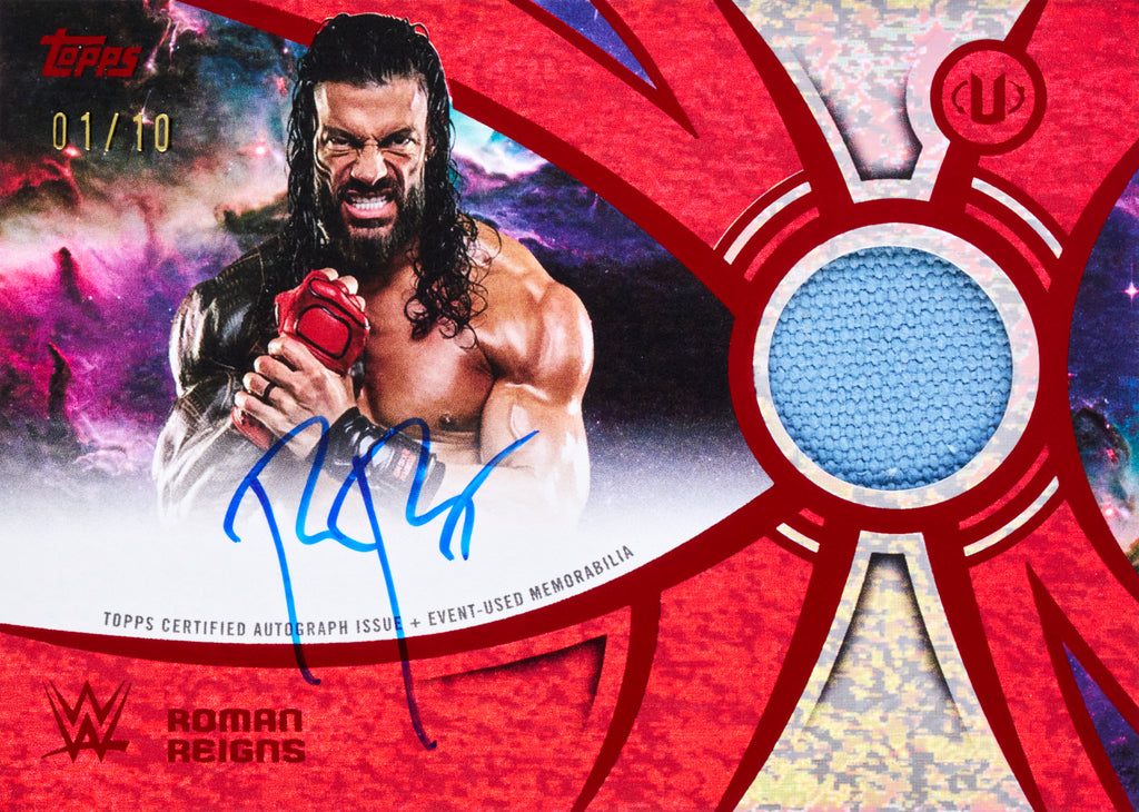 2026 Topps Universe WWE Roman Reigns Superstar Relic Signatures Red Magma card