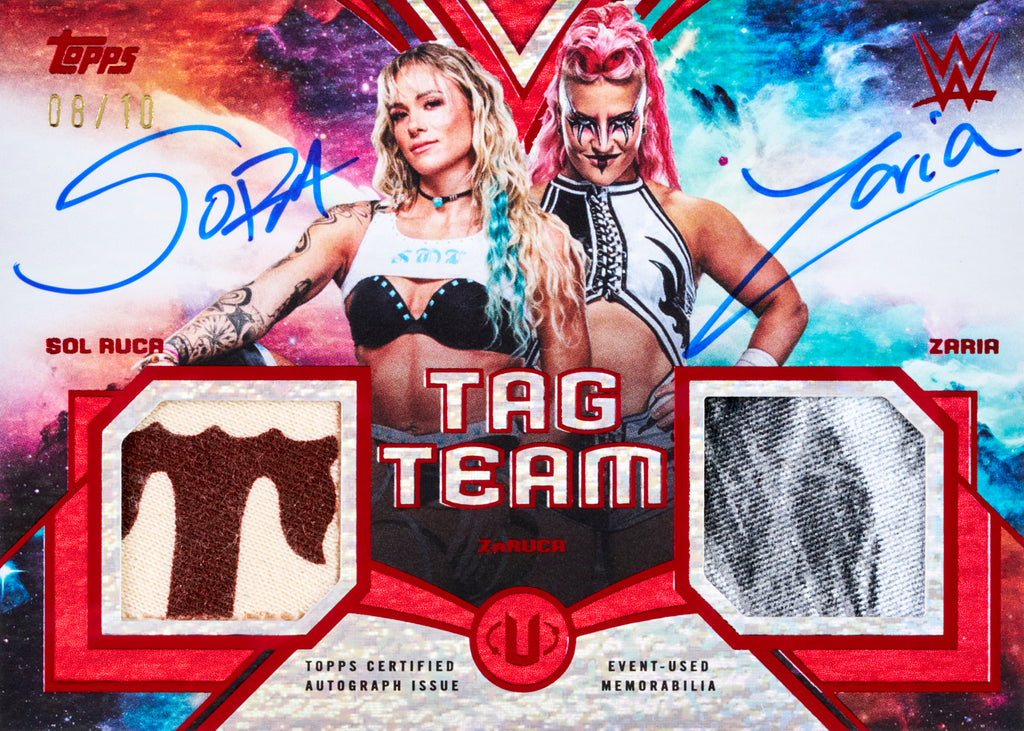 2026 Topps Universe WWE Sol Ruca and Zaria Tag Team Red Magma autograph relic card