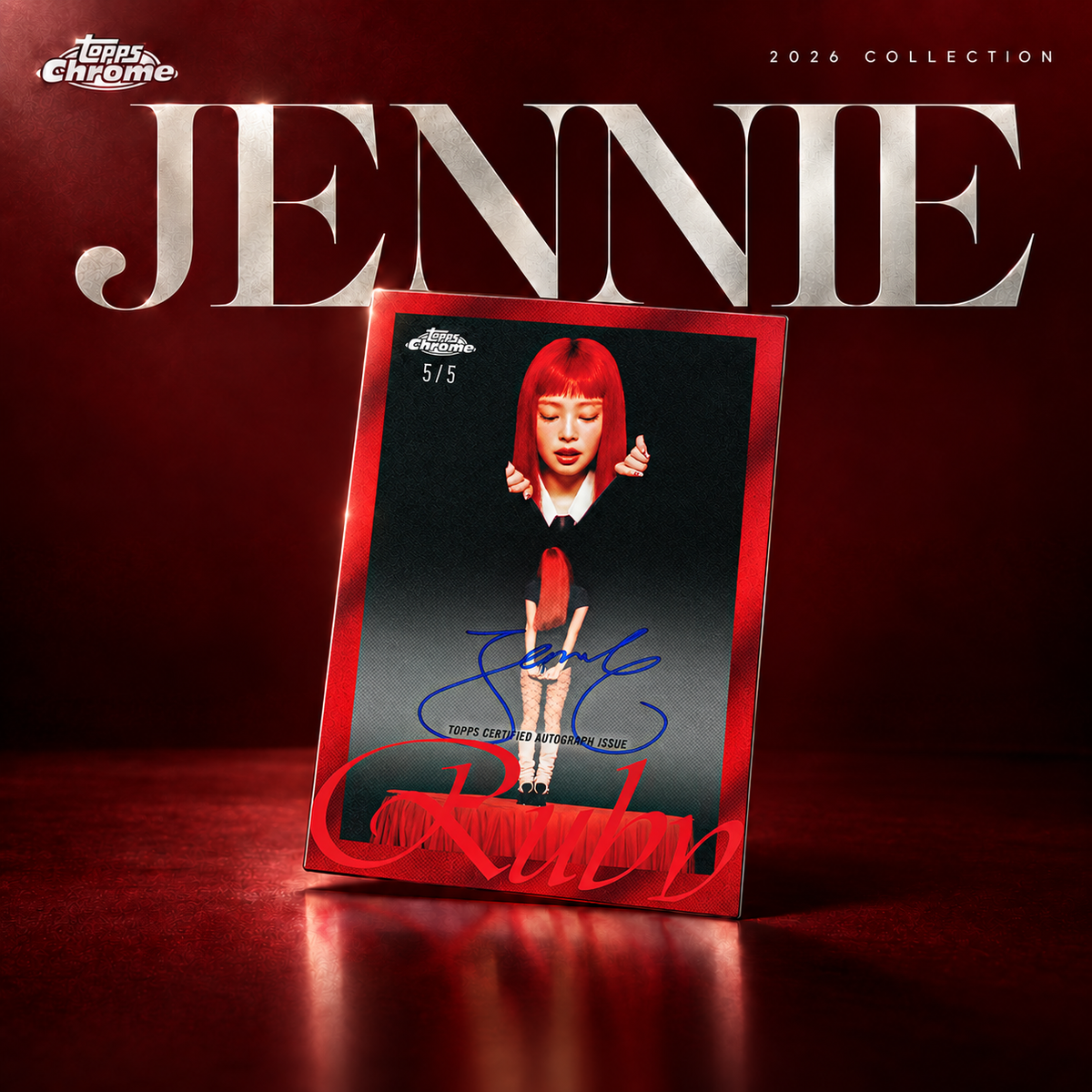 2026 Topps Chrome x Jennie collection promotional artwork with a Ruby autograph card